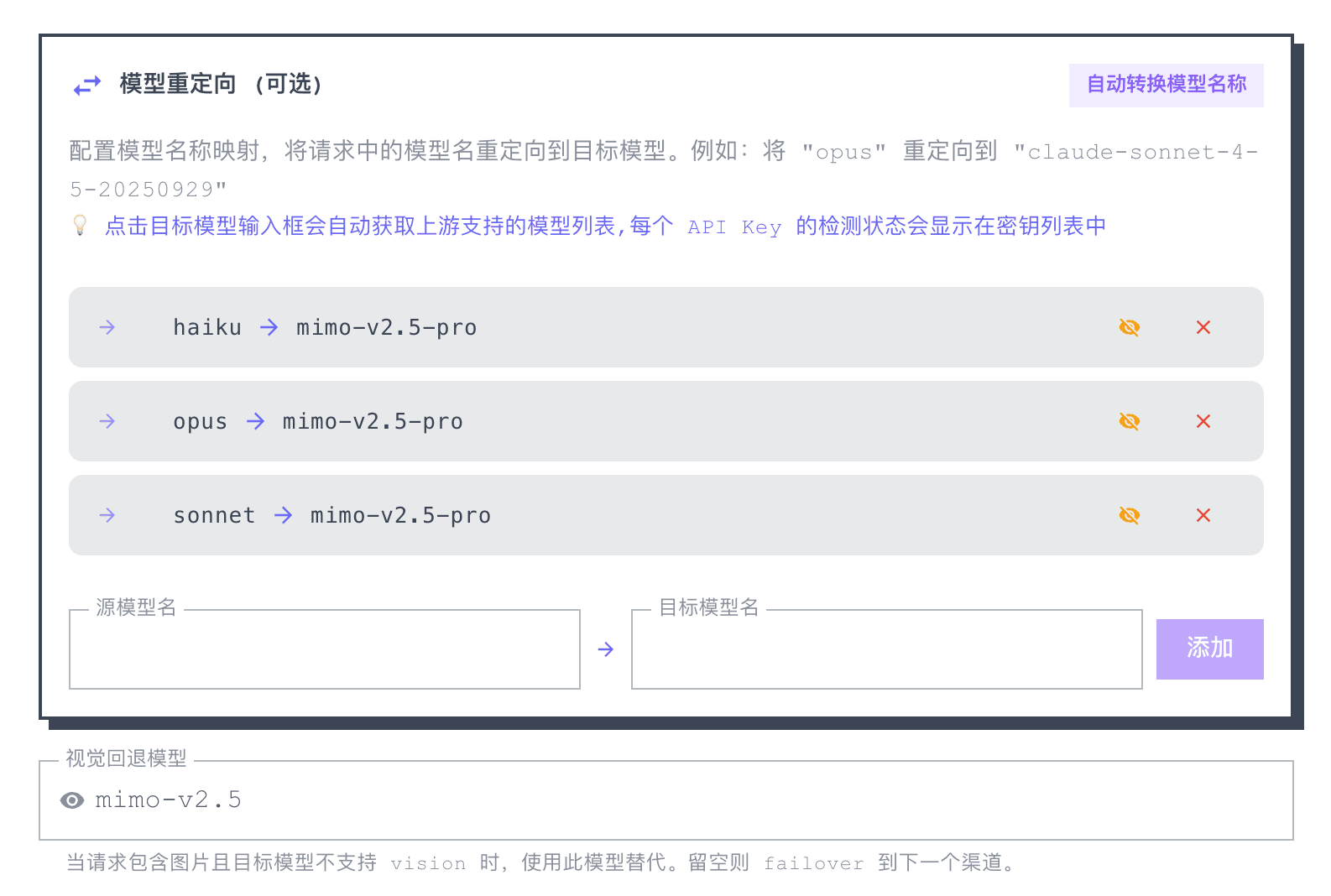MiMo 渠道配置：模型重定向将 haiku/opus/sonnet 统一映射到 mimo-v2.5-pro；下方「视觉回退模型」字段填入 mimo-v2.5，当请求包含图片且目标模型不支持视觉时自动切换到该模型